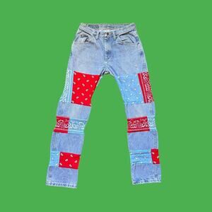 custom red and light blue bandanna wrangler denim blue jeans